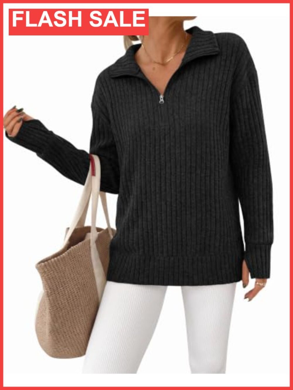 Womens Quarter Zip Pullover Sweater Long Sleeve Thumb Holes Mock Neck